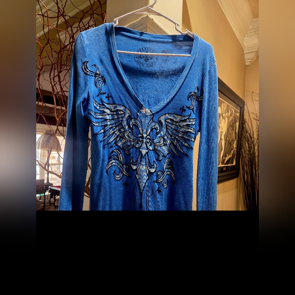 Affliction Blue V-Neck Long Sleeve with Winged Graphic
